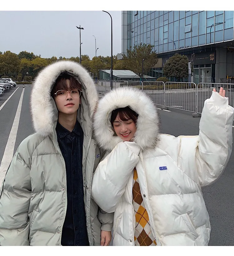 Couple Clothes Winter New Style Cotton-padded Clothes Winter down Coat Hooded Large Fur Collar Coat Men's INS Super Fire Trend C