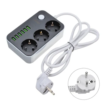 

2500W Surge Protection Universal Charger Household Socket 6 USB Ports Charging Ports Extension Power Strips EU Plug