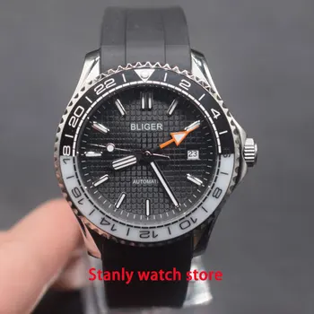 

Sapphire crystal Bliger 41mm black dial white black bezel GMT function rubber strap automatic movement men's wrist watch