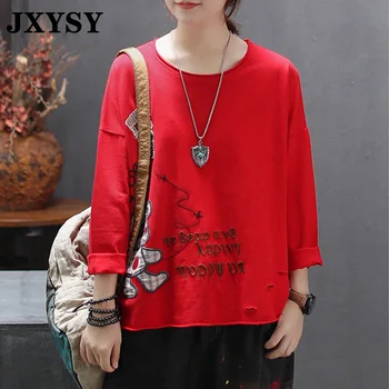 

JXYSY Women T-shirt Clothes Fashion High Street Cartoon Bear Embroidery Patchwork O-neck Long Sleeve Loose Tshirt Female Tops
