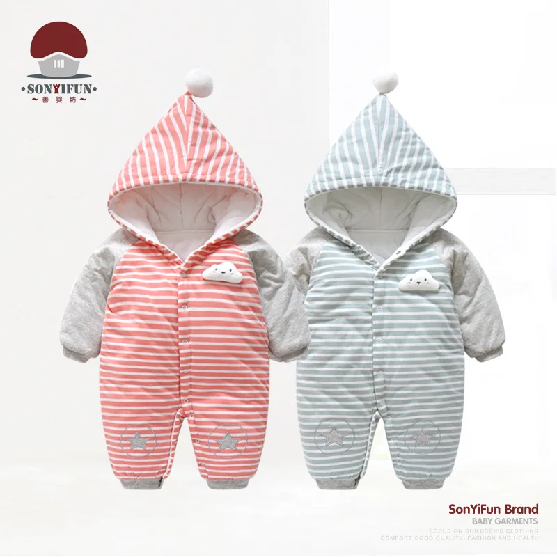 

Winter New Style Infant Padded Onesie Yarn Dyed Pure Cotton Men And Women Baby Hooded Romper Stripes out Clothes