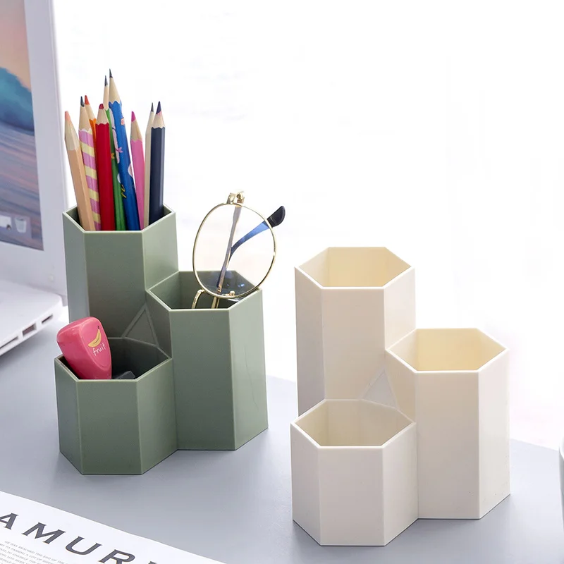 

Creative Hexagonal 3 Grid Pencil Holder Pen Storage Case Multi-function Desktop Office Stationery Plastic Box Organizer