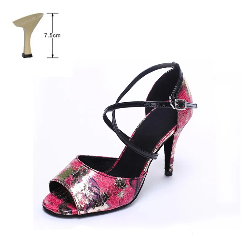 red 7.5cm indoor Женские туфли для латинских танцев 10/8, 5/7, 5, 6 см, с принтом, из PU искусственной кожи, на высоком каблуке, с мягкой подошвой, бальные туфли для танго - Цвет: red 7.5cm indoor