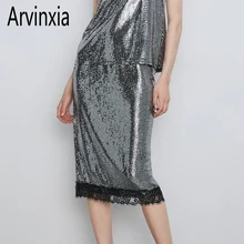 Arvinxia ZA/Новые однотонные женские юбки с блестками и кружевами, сексуальные женские юбки с высокой талией, модные блестящие вечерние юбки миди с металлическими вставками