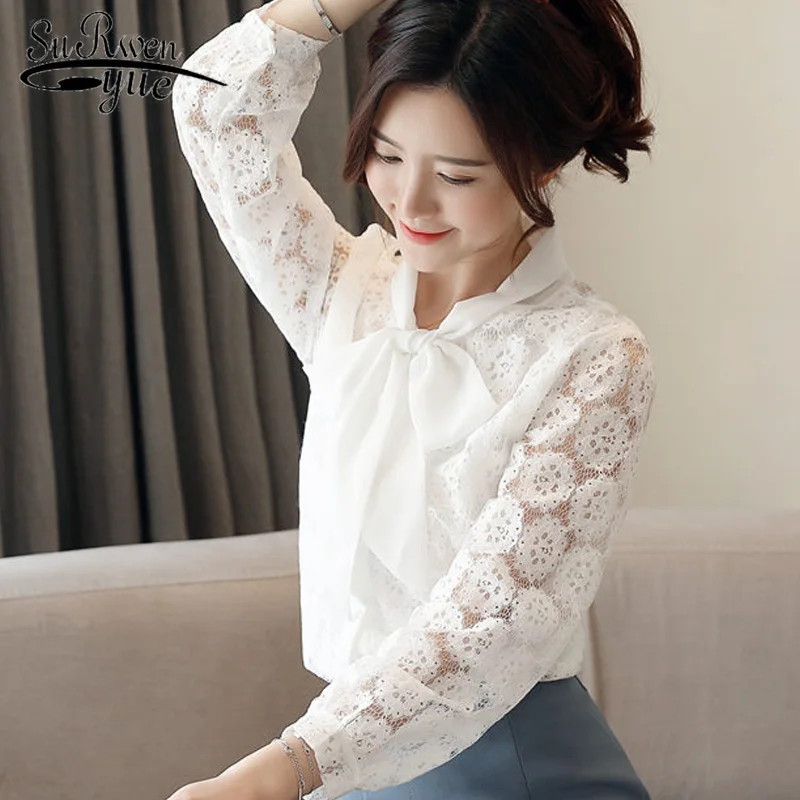 

2019 Spring and Autumn Fairy Clothing Bow Women Blouses Fashion Crocheted Hollow White Lace Nine Quarter Sleeve Shirts 6551 50