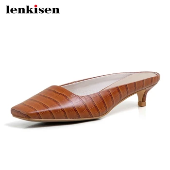 

Lenkisen european style cow leather square toe stone pattern gingham med thin heel mules slip on office lady women pumps L63