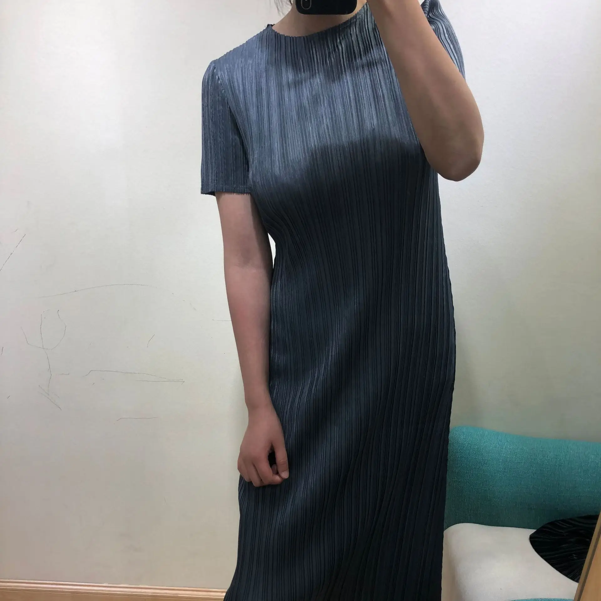 Плиссированное Платье MIYAKE плиссированная ткань с коротким рукавом длинное платье круглый воротник прямые платья Летние