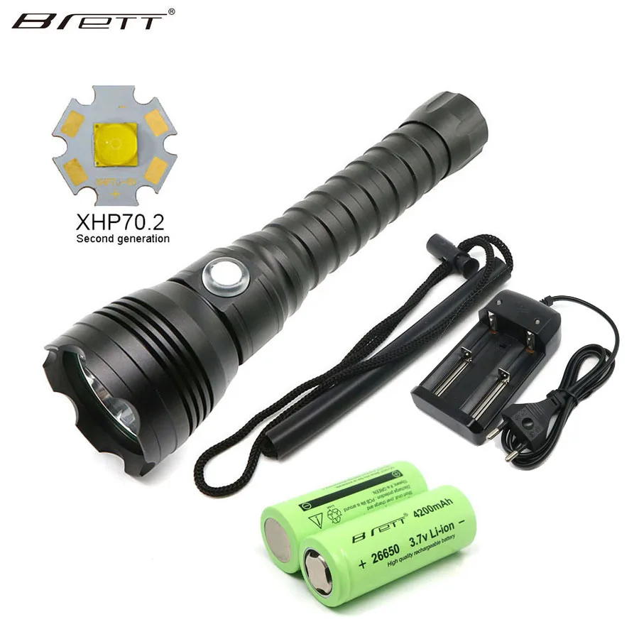 Светодиодный фонарик для дайвинга подводный водонепроницаемый 80 м CREE XHP70.2 подсветка 4000 люмен алюминиевый