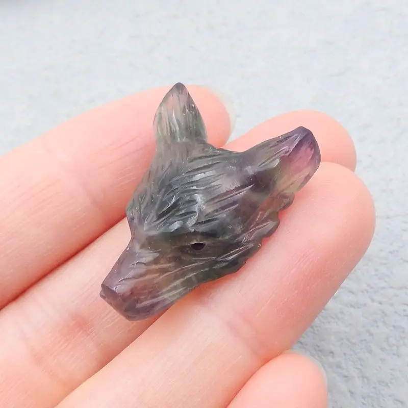 

Natural Stone Carved Wolf Head Fluorite Necklace Pendant 29x21x11mm 7g Fashion Jewelry Side Drilled Pendant Accessorise