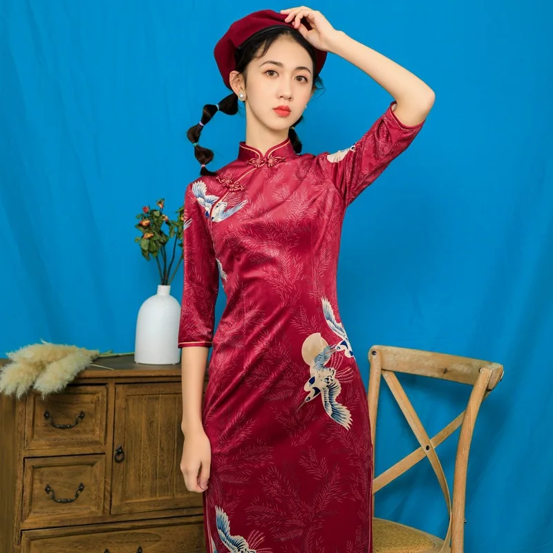 Cheongsam красное китайское традиционное платье Ципао с длинным рукавом китайское платье женское молодежное платье