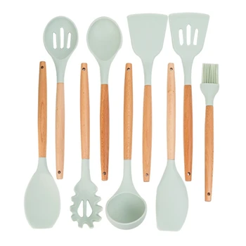 

11pcs Silicone Cooking Utensil Set Kitchen Utensils Non-stick Spatula Premium Wooden Handle with Storage Box Kitchen Tools