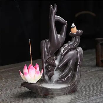 

Backflow Incense Burner Ceramic Retro Buddha Hand Flower Censer Holder Teahouse Home Decoration Crafts Gift Ornament 16x21.7cm