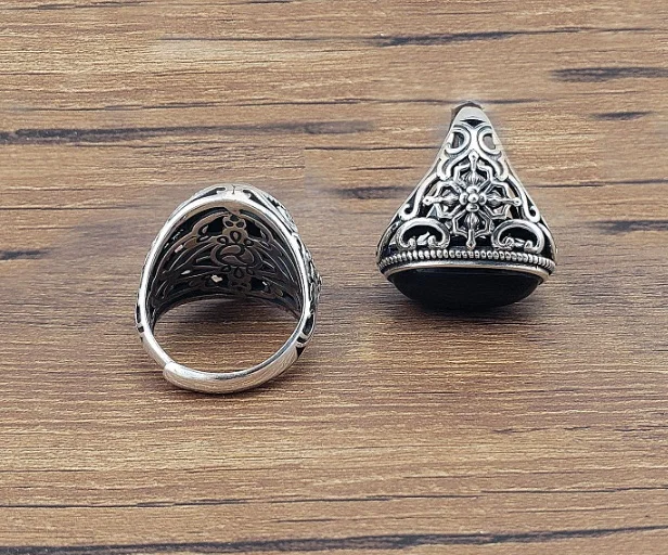 Черное S925 кольцо для мужчин Настоящее 925 пробы Серебряное кольцо для мужчин s натуральный камень оникс винтажное крутое модное тайское серебряное кольцо