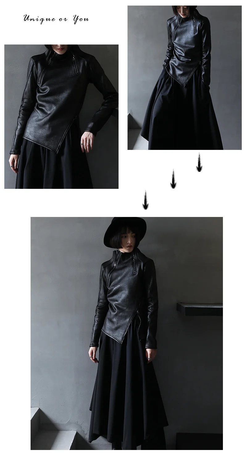 UMI MAO Dark Yamamoto Style Irregular Stand Collar Diagonal Zipper Faux Leather Sweatshirt Female Cool Black Gothic Jacket Y2K