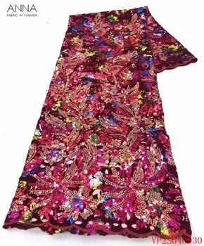 

Anna wine red african velvet lace fabric 2020 high quality embroidery with sequins laces nigerian mesh fabrics 5 yards for dress