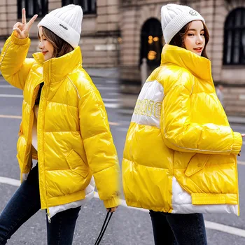 

Short Glossy Down Parkas Coat For Women 2020 Winter Jacket Coat Women Warm Thick Down Padded Coats Winter Casual Splice Outwear