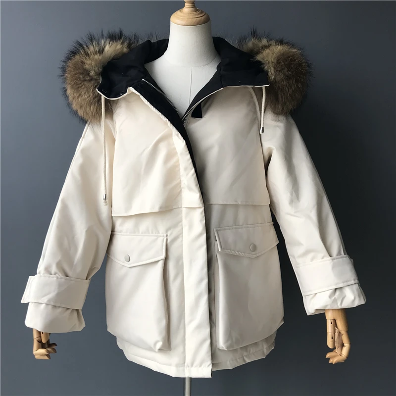 MAOMAOFUR куртка-пуховик на утином пуху, Дамское зимнее плотное теплое пальто с большим воротником из натурального меха енота, женская пуховая парка