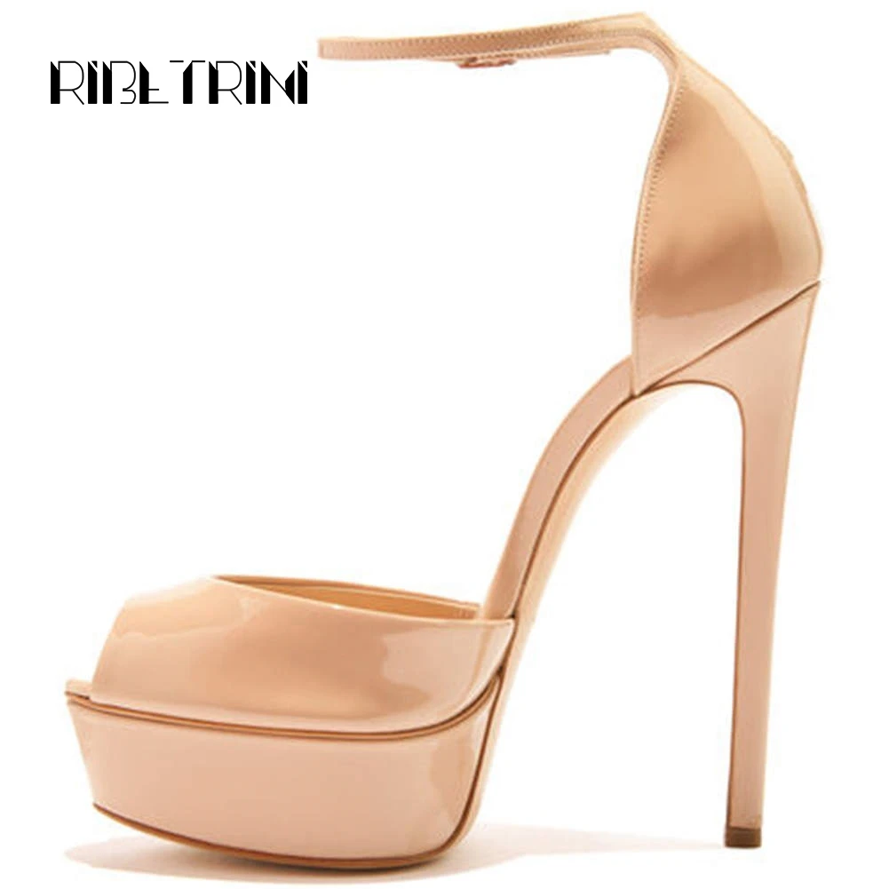 

RIBETRINI Patent Leather Sandals For Women Sexy Thin High Heel Shoes Woman Open Toe Platform Ankle Strap Gladiator Sandals