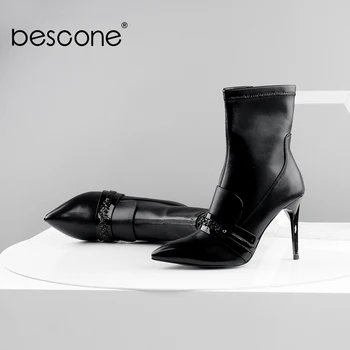 

BESCONE Women's Ankle Boots High Quality Sheepskin Zipper Sexy Pointed Toe Thin Heel Special Cool Shoes New Handmade Boots BC611