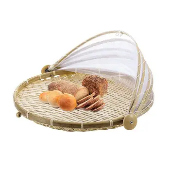 

Picnic basket with gauze Fruit basket Hand woven Bug-Proof Dust basket Sun Handmade bread basket for fruit and vegetables