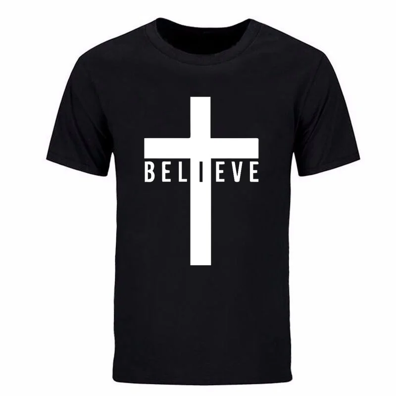 I Believe God Christian Men's Fashion T Shirts Cross Printing Black Tops Tees