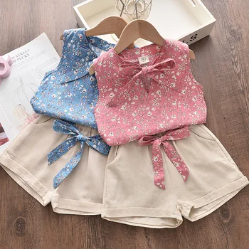

Menoea Girls Clothing Sets Summer Cute Kid Clothes Girl Floral Sleeveless Bow Vest + Shorts 2PCS Set Casual Children Clothing