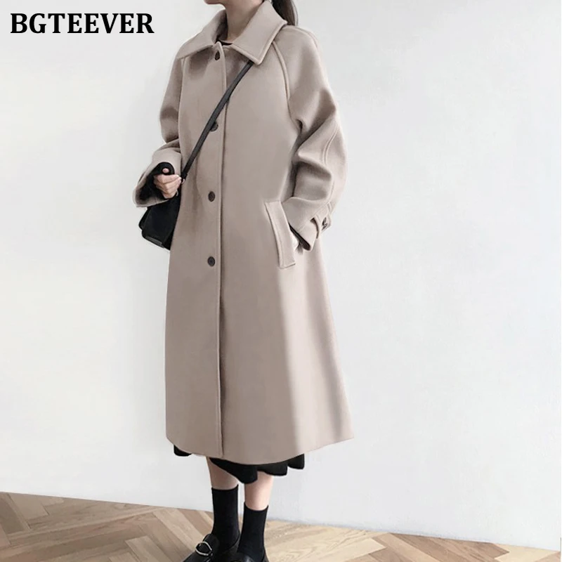 BGTEEVER, винтажные, утолщенные, теплые, с отложным воротником, женские, шерстяные пальто, зимние, свободные, однобортные, с карманами, женские, смесовые пальто - Цвет: Oatmeal
