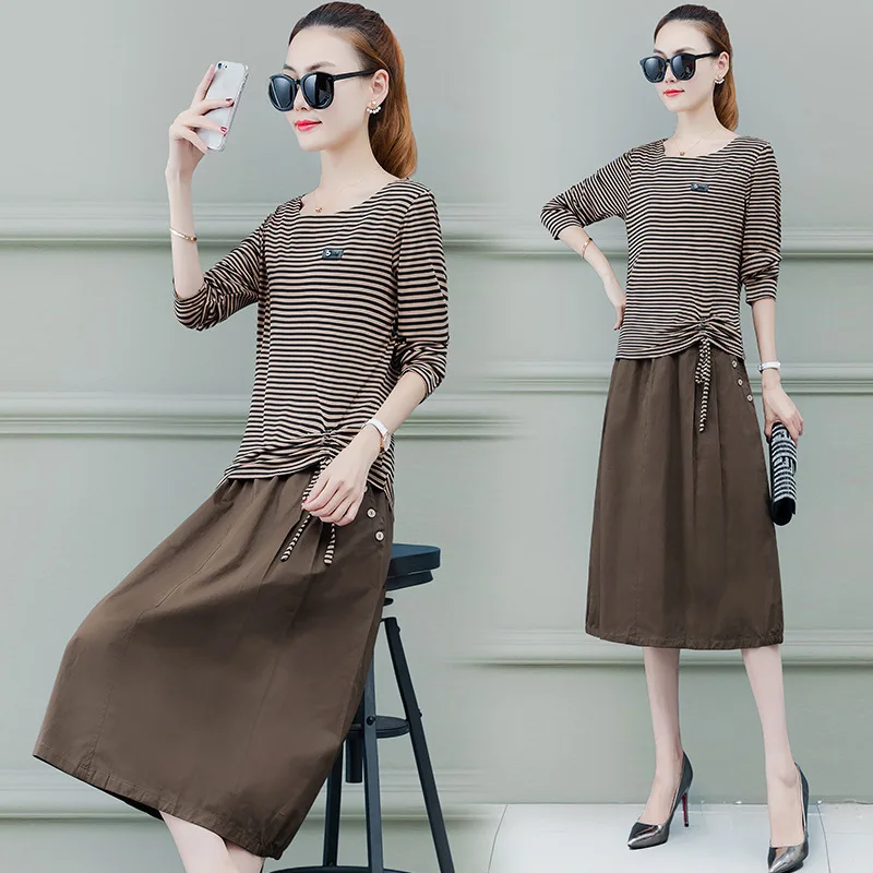 

2019 Spring And Autumn Summer New Style WOMEN'S Dress Slim Fit Slimming Mid-length Casual Stripes Long Sleeve Full Body Dress Tw