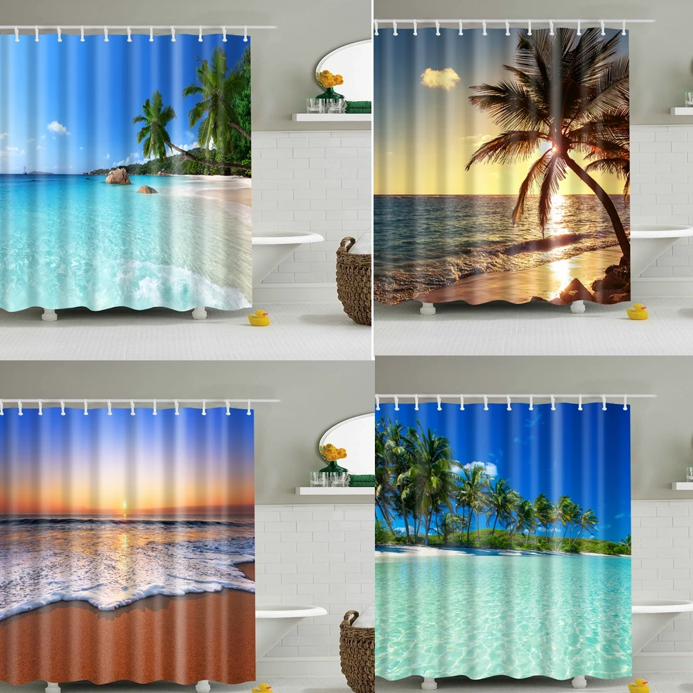 

Customized Blue Sky Beach Shower Curtain Modern Landscape 3D Blackout Bath Curtain Large 180x200cm For Bathroom Decor cortina