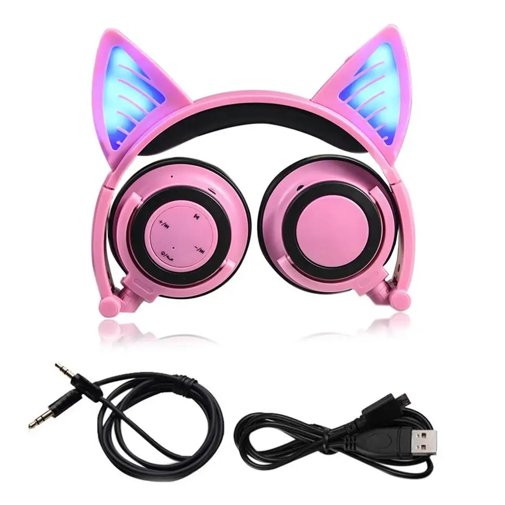 Розовый Складной Косплей кошачьими ушками Bluetooth наушники беспроводной провод универсальная стереогарнитура светодиодный светильник мигающие наушники с микрофоном - Цвет: Розовый