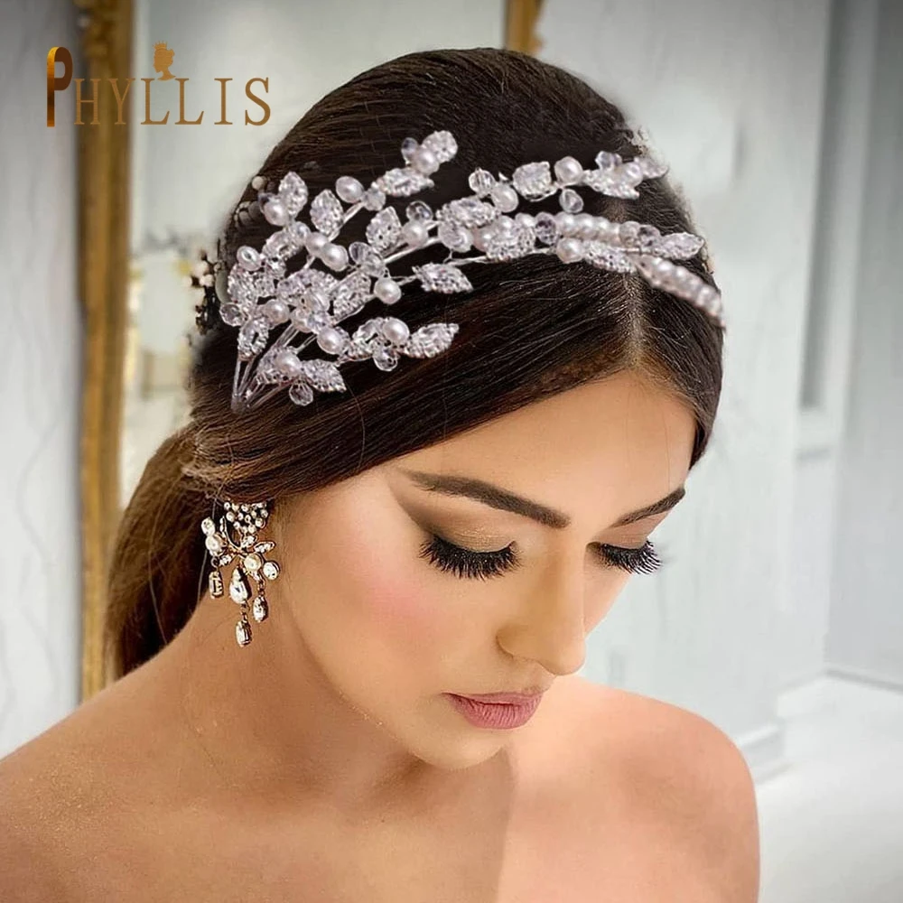 Leaves Wedding Headband Crystal Bridal Headdress Pearl Head Hoop Design Headpiece For Women Tiara Bride Hair Accessories For hair accessory,hair headdress,bridal headwear,hair band crown