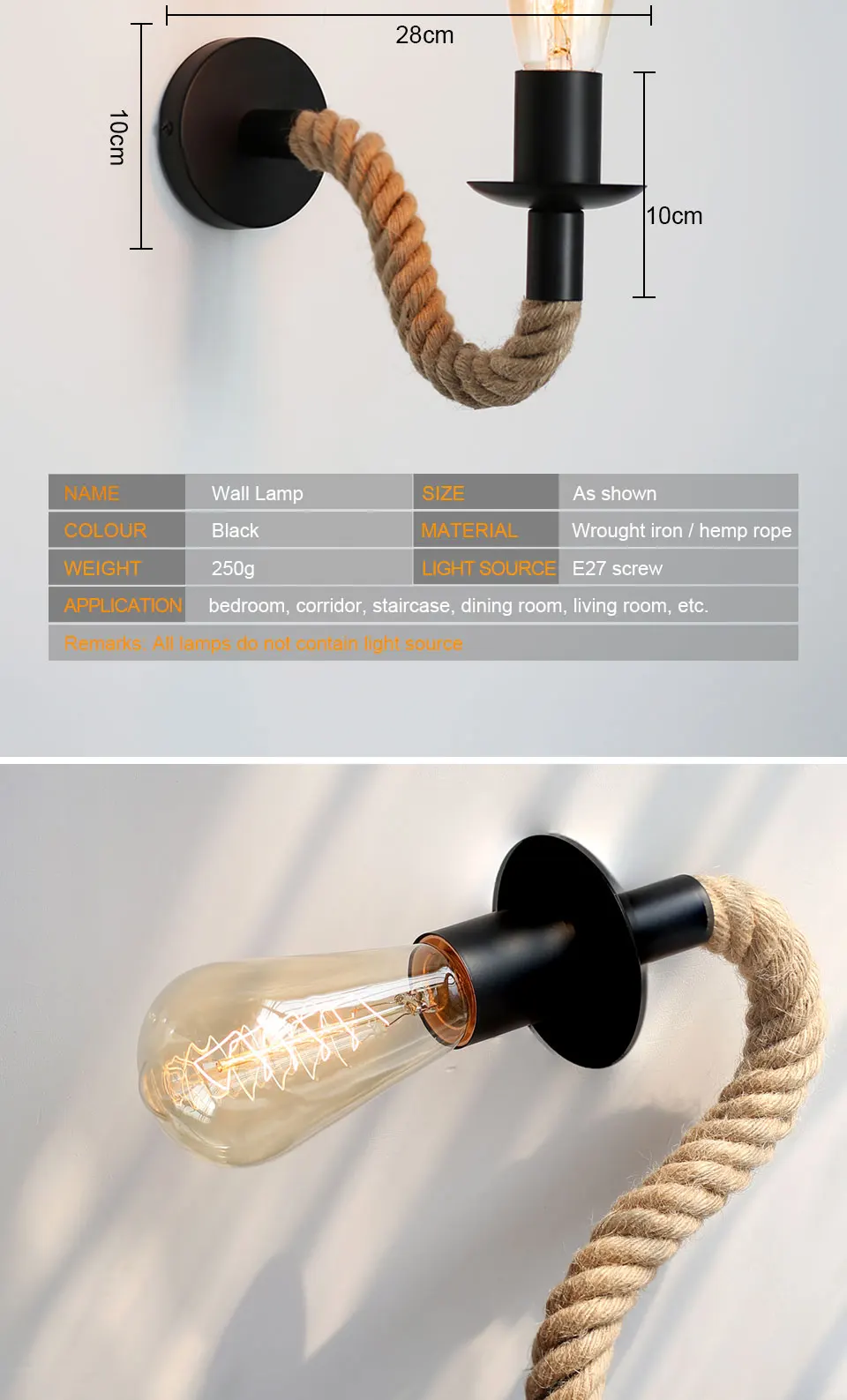 LEDMOMO Retro LED Hemp Rope Wall Light Vintage Bedside Lamp Metal Indoor Lighting Home Fixtures Sconce Light for Aisle Bedroom Bedside Bulb Not Included LEDMOMO Retro LED Hemp Rope Wall Light Vintage Bedside Lamp Metal Indoor Lighting Home Fixtures Sconce Light for Aisle Bedroom Bedside Bulb Not Included