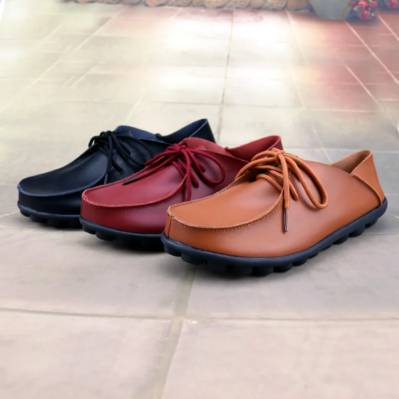 

2019 Spring Women's Fashion Versatile Flat Lace-up Leather Shoes Genuine Leather Beans Shoes Red WOMEN'S Casual Shoes Slip-on Bl