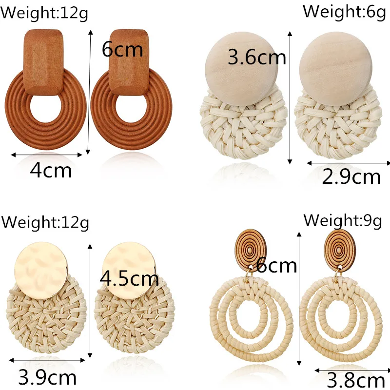 Korea Handmade Wooden Straw Woven Rattan Vine Braid Women Earrings Geometric Large Circle Long Drop Earrings