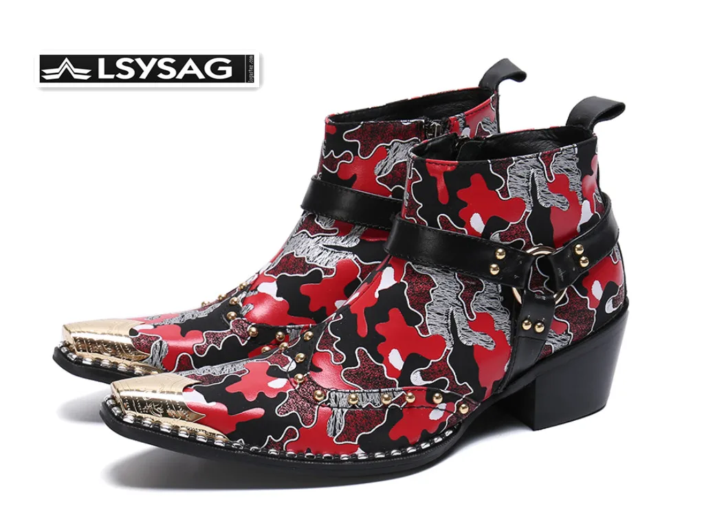 

Fashion Camouflage Print Ankle Boots for Men Party Prom Dress Boots Male Rivets Real Leather Motorcycle Boots