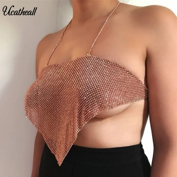 

Sexy Diamond Tube Top Halter Crop Top Camis Metal Bralette Ladies Tank Top Backless Summer Camis Bralette Women Party Crop Tops