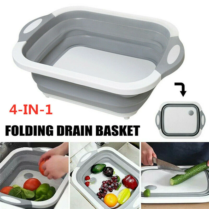 

4 in 1 Multi-Board Dayvion Tool Drain Basket Foldable Square Silicone Drain Basin Fruit Vegetable Washing Storage Basket Drainer
