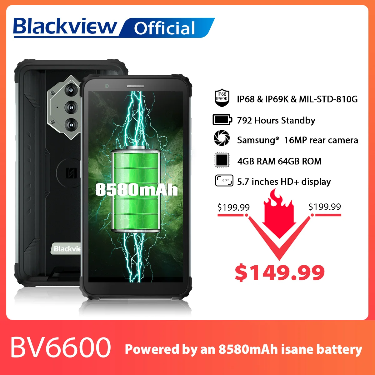 Blackview BV6600 IP68 Waterproof 8580mah 64GB 4gbb WCDMA/GSM/LTE NFC Octa Core Side-Mounted/face recognition