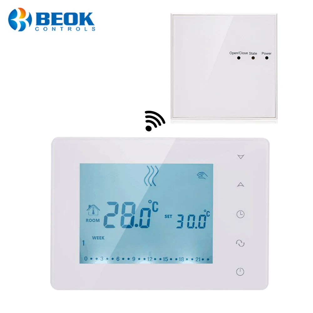 écran Tactile Tactile LCD sans Fil activé et alimenté par 2 Piles AA Non incluses Beok BOT-X306 Thermostat d'ambiance programmable avec récepteur pour chaudière à gaz 