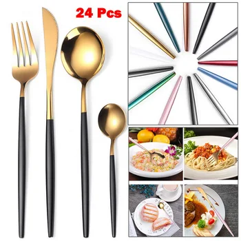 

24Pcs/Set Black Gold Cutlery Set Kitchen Mirror Tableware Set 304 Stainless Steel Dinnerware Set Knife Fork Spoon Dinner Set