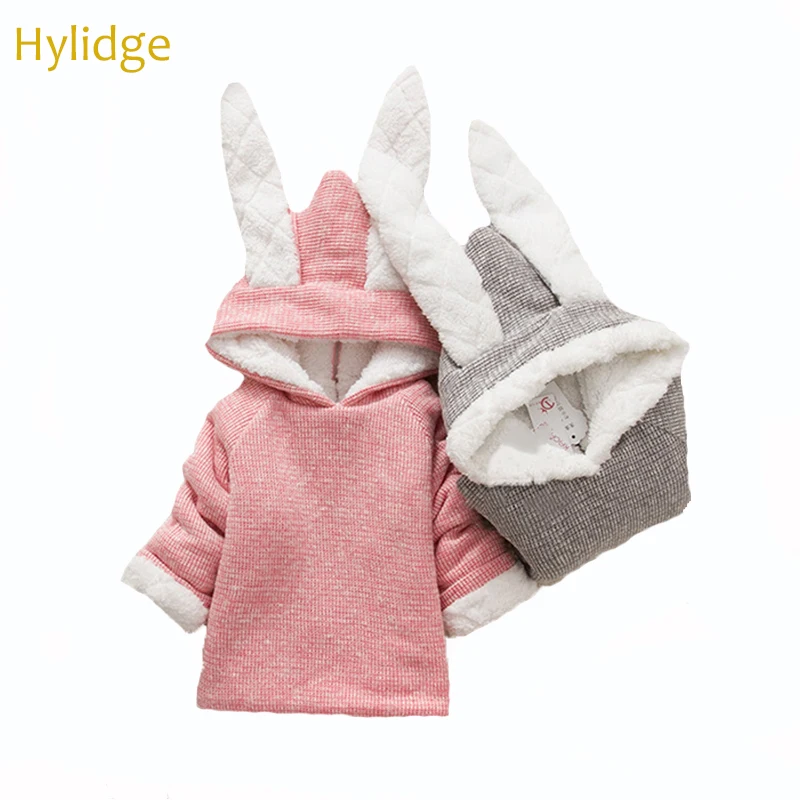 Hylidge/милое зимнее пальто с длинными кроличьими ушками для маленьких девочек мягкий хлопковый флисовый детский зимний комбинезон на молнии сзади, шерстяное пальто для девочек, куртка