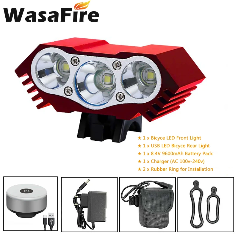red grey taillight WasaFire 18650 Батарея велосипедная Передняя голова светильник 4 режима 3xT6 светодиодный велосипед светильник Велоспорт вспышки света светильник+ защитное Предупреждение USB хвост светильник - Цвет: red grey taillight