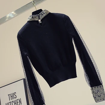 

Embroidered Mesh Sweater Women's Sweaters Outer Wear Jumper Autumn New Slim-Fit Short Basic Sweater Manteau Femme Nancylim