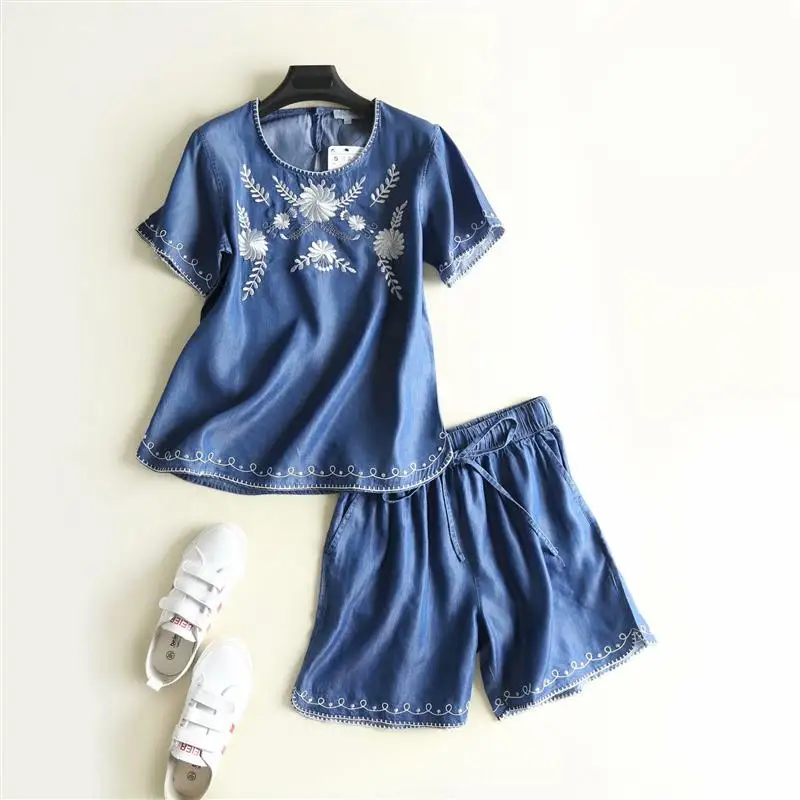 embroidery women denim set blouse loose o neck soft elastic waist jeans shorts beach set lace up  blue summer two piece set matching workout sets