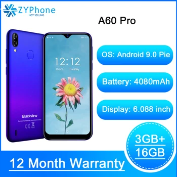 Перейти на Алиэкспресс и купить Мобильный телефон Blackview A60 Pro, Android 9,0, MT6761V, четырёхъядерный, 3 ГБ 16 ГБ, экран Waterdrop, 4080 мАч, смартфон со сканером отпечатков пальцев
