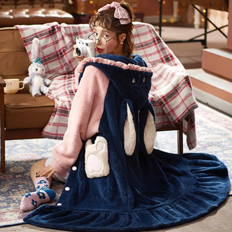 New Robe Autumn And Winter Pajamas Female Coral Velvet Thickened Warm Korean Home Wear Flannel Long Nightgown Student Doll Hood