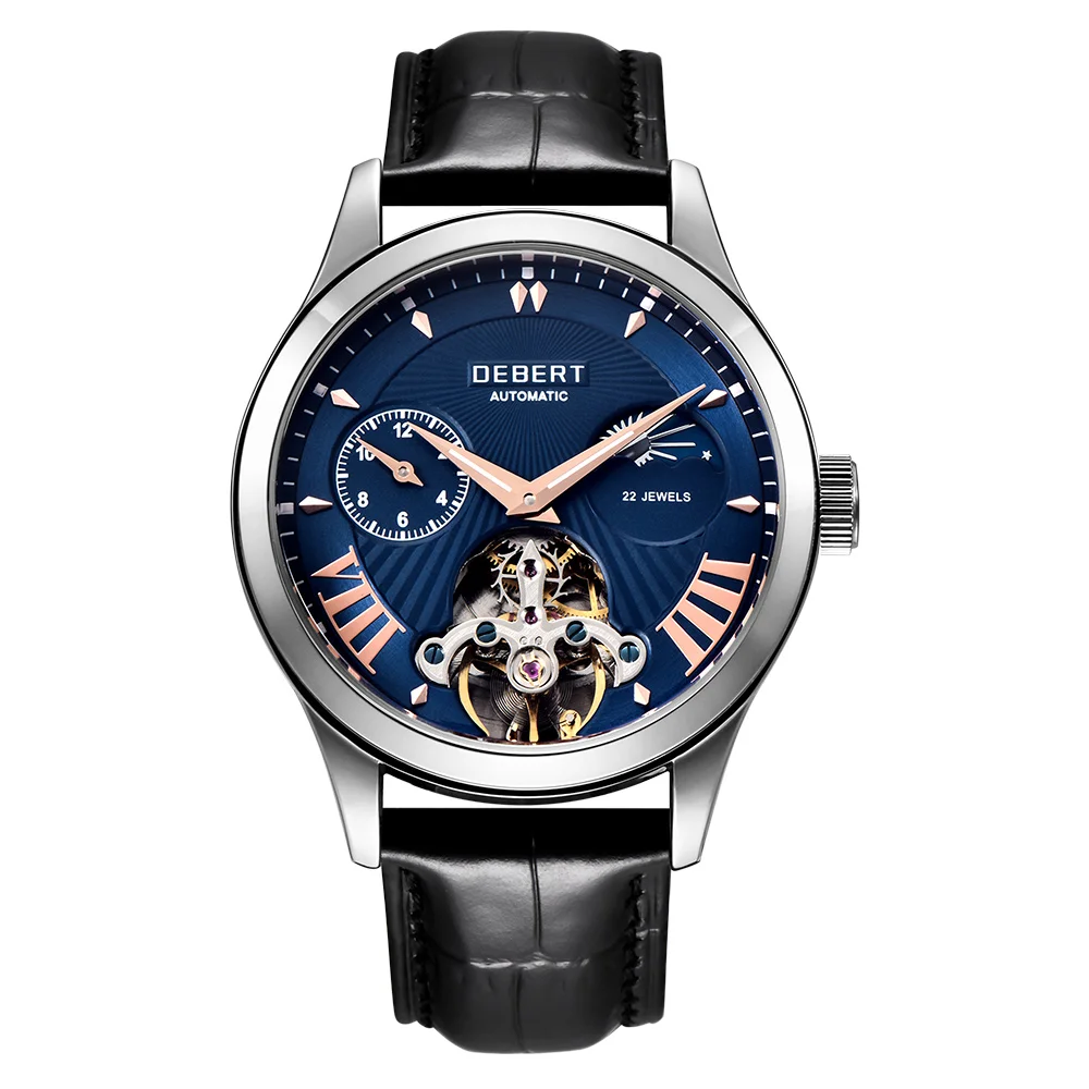 

Debert 40mm Watch Men Top Luxury Brand Fashion Sport Moon Phase Watch Automatic Mechanical Wristwatch Men Leather Strap