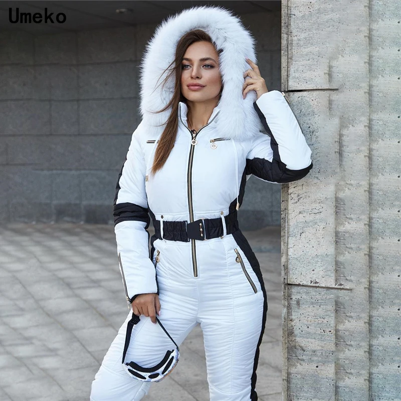 

Umeko 2020 Winter Women's Hooded Jumpsuits Parka Cotton Padded Warm Sashes Ski Suit Without Belt One Piece Casual Tracksuits