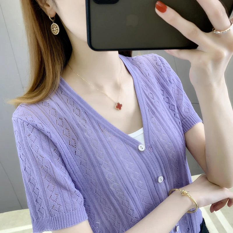 

20196 film v-neck diamond hollow out button pure color short sleeve cardigan