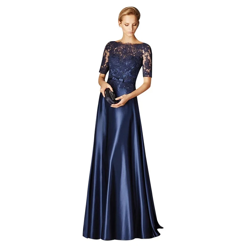 Royal Mother Of The Bride Dress A-line Satin Half Sleeves Appliques Long Evening Prom Mother Dress For Wedding Banquet Ceremony